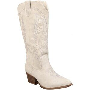 Womens White Western Cowboy Boots Embroidered Ankle Booties Block Heel Zips